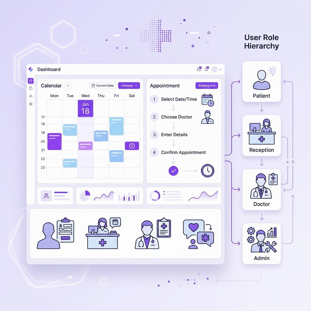 Healthcare clinic appointment management system interface showing booking calendar, doctor schedule and admin dashboard