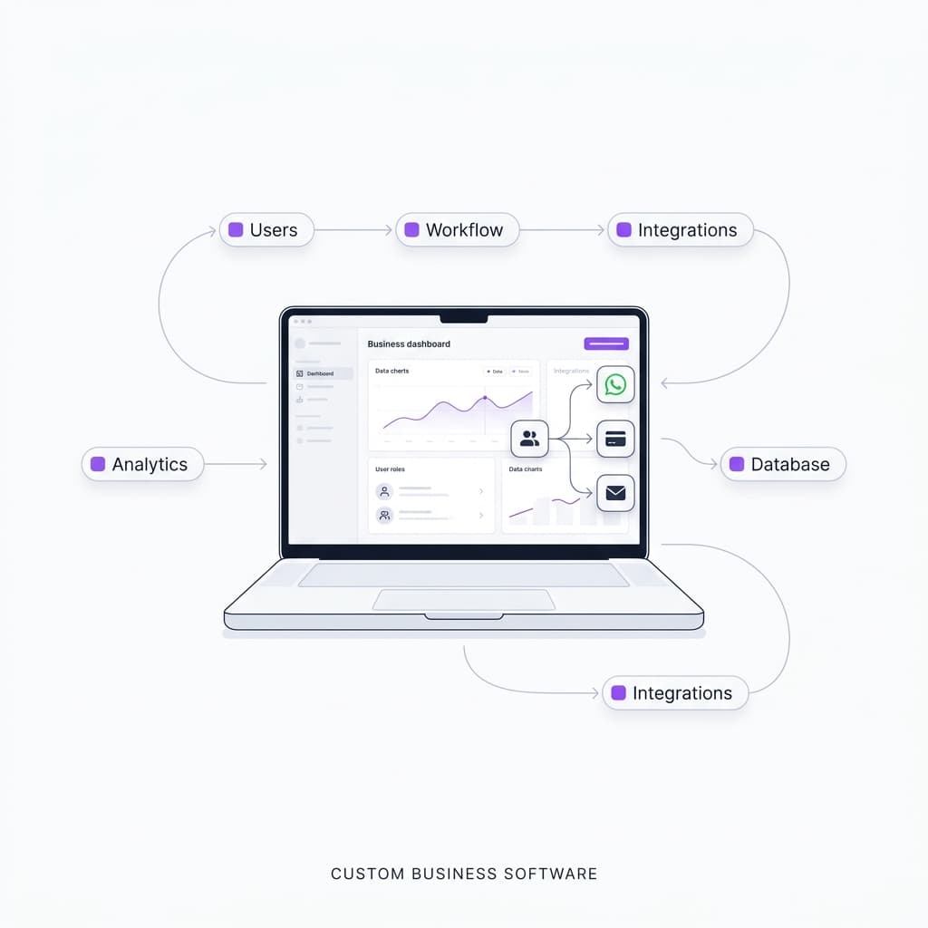 Business dashboard illustration showing users, workflows, integrations and analytics for custom software