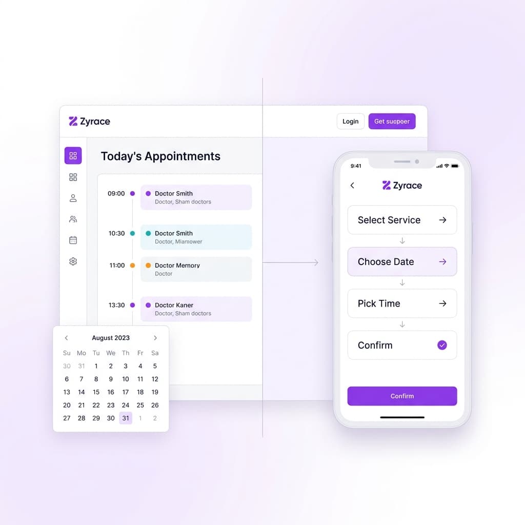 Split-screen mockup of a booking admin dashboard and mobile customer booking flow with Zyrace purple accents